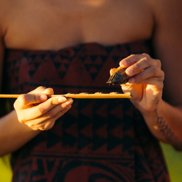 Person holding bamboo and shell tool, wearing patterned clothing.