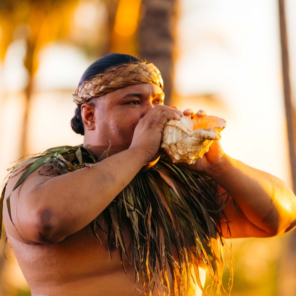 Person blowing a conch shell, wearing traditional attire with palm trees in the background.