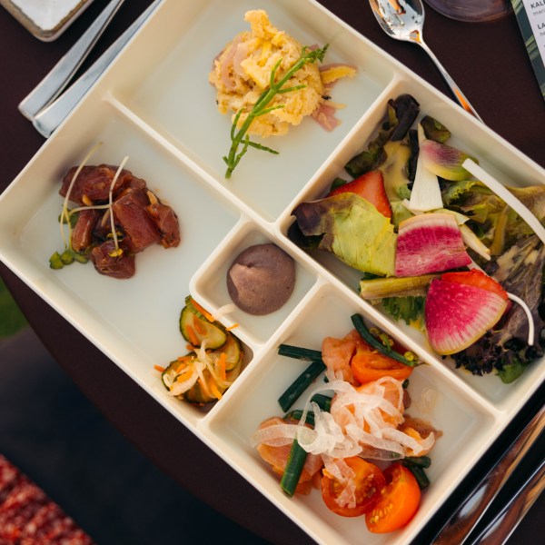 Bento box with assorted dishes, including salad and vegetables.