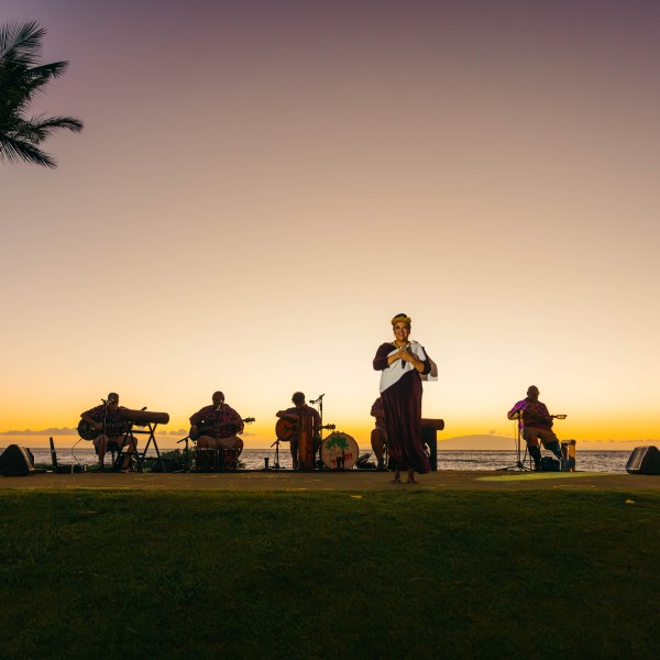 Band performing on seaside stage at sunset with palm trees in background.