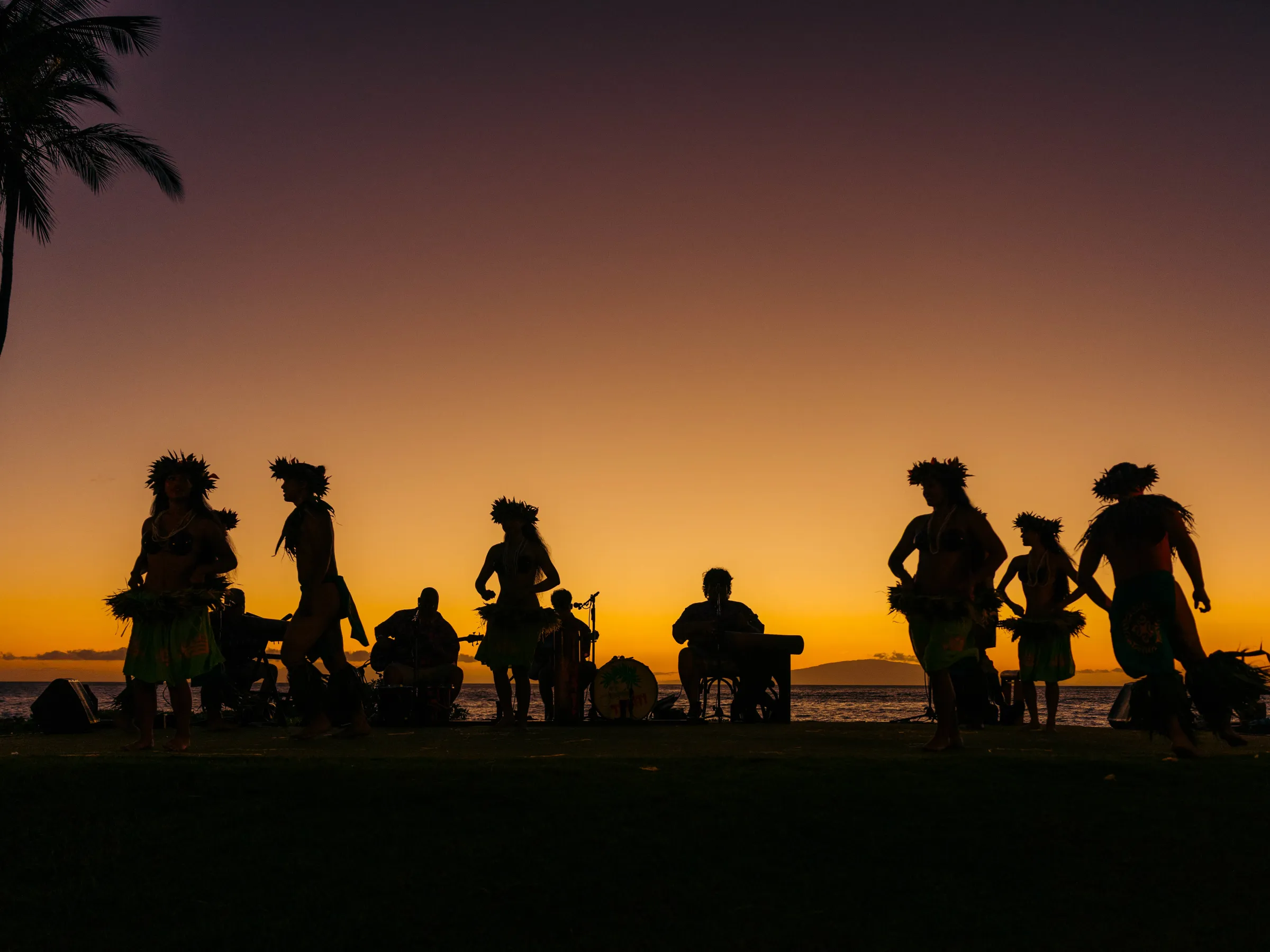 Silhouettes of dancers and musicians at sunset by the ocean.